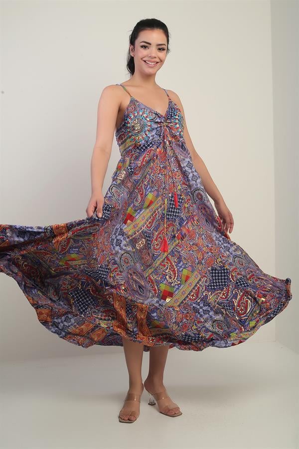 Women's Strappy Long Satin Dress with Embroidered Back Detail and Pattern