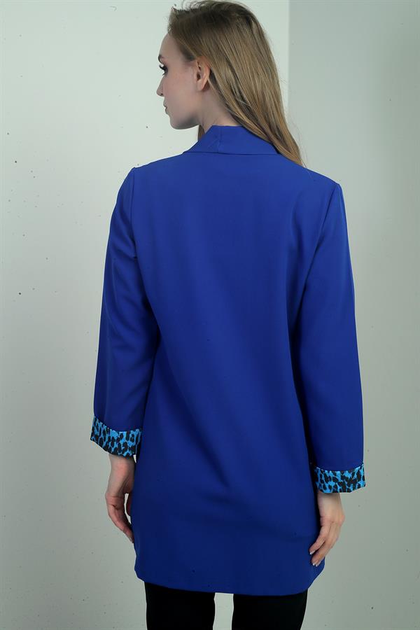 Women's Shawl Collar Long Jacket with Leopard Print Sleeve Cuffs and Lycra Fabric