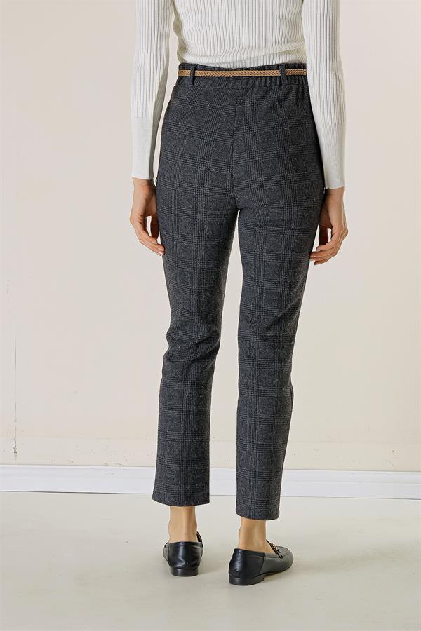 Bel Lastikli Kemerli Yandan Cepli Ekose Dar Paça Pantolon