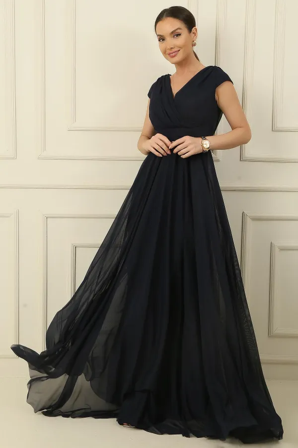 Robe longue en mousseline de soie doublée, col croisé, évasée et en tulle