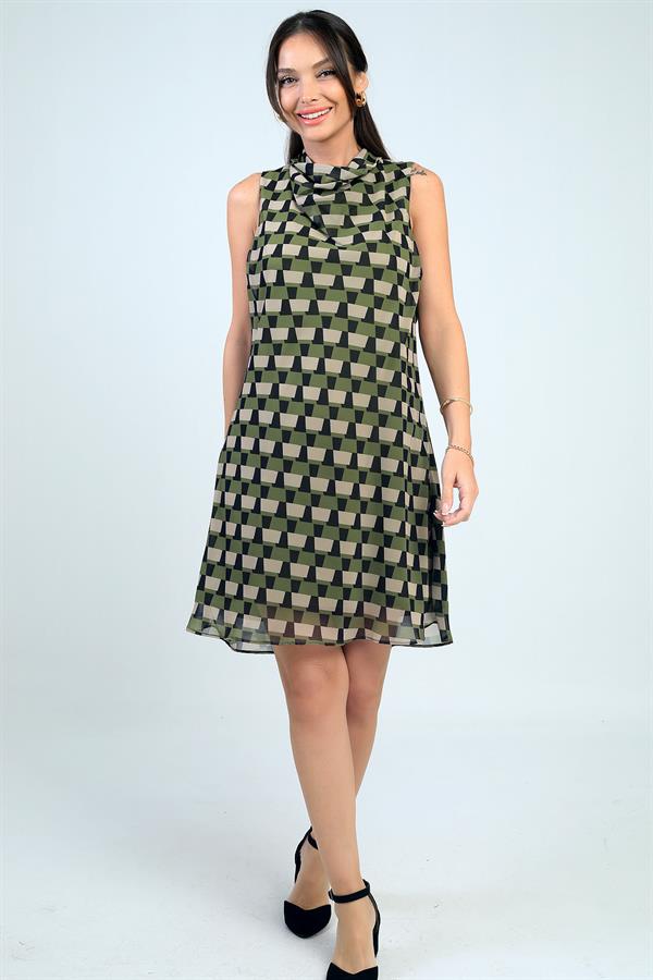 Women's V-Neck Lined Patterned Short Chiffon Dress