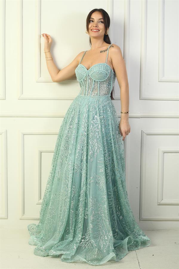 Kadın İp Askılı Boncuk Detaylı Pul İşlemeli Astarlı Uzun Abiye Elbise