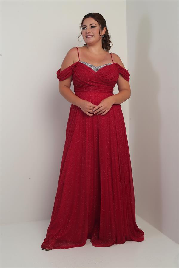 Women's Stone Embellished Strapless Neckline Strappy Off-Shoulder Glittery Long BB Dress