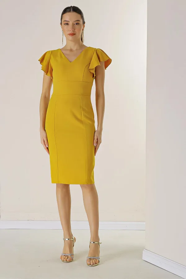 Ön Arka V Yaka Kolları Volanlı Astarlı Krep Elbise
