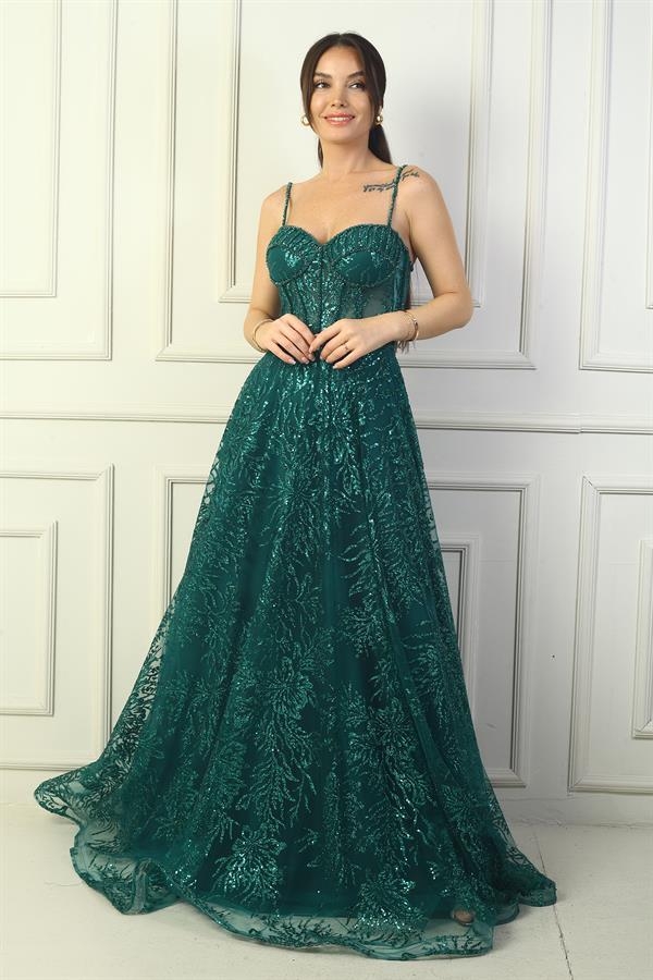 Kadın İp Askılı Boncuk Detaylı Pul İşlemeli Astarlı Uzun Abiye Elbise