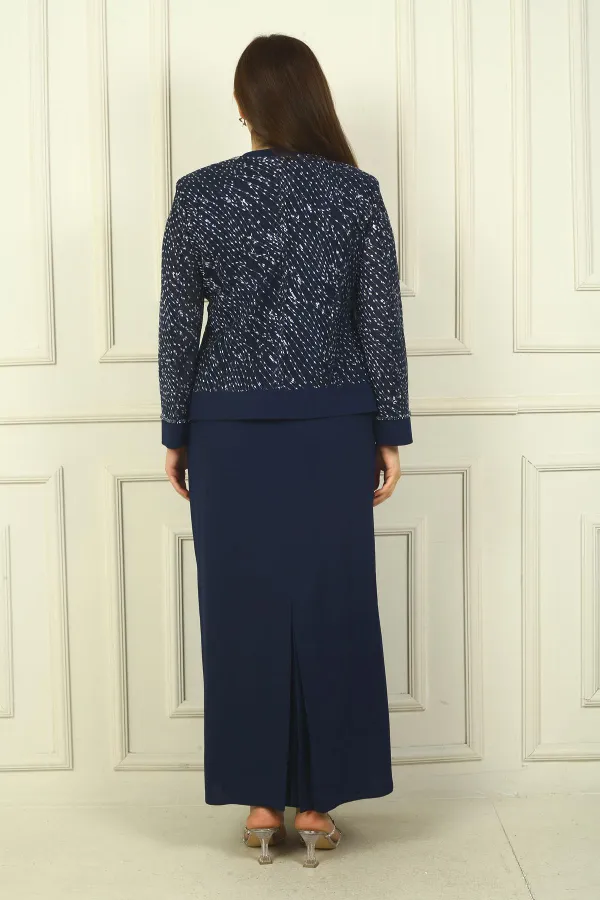 Women's Beaded and Sequin Embellished Tulle Jacket, Half-Moon Sleeve Long Dress, Lined, Plus Size Two-Piece Set