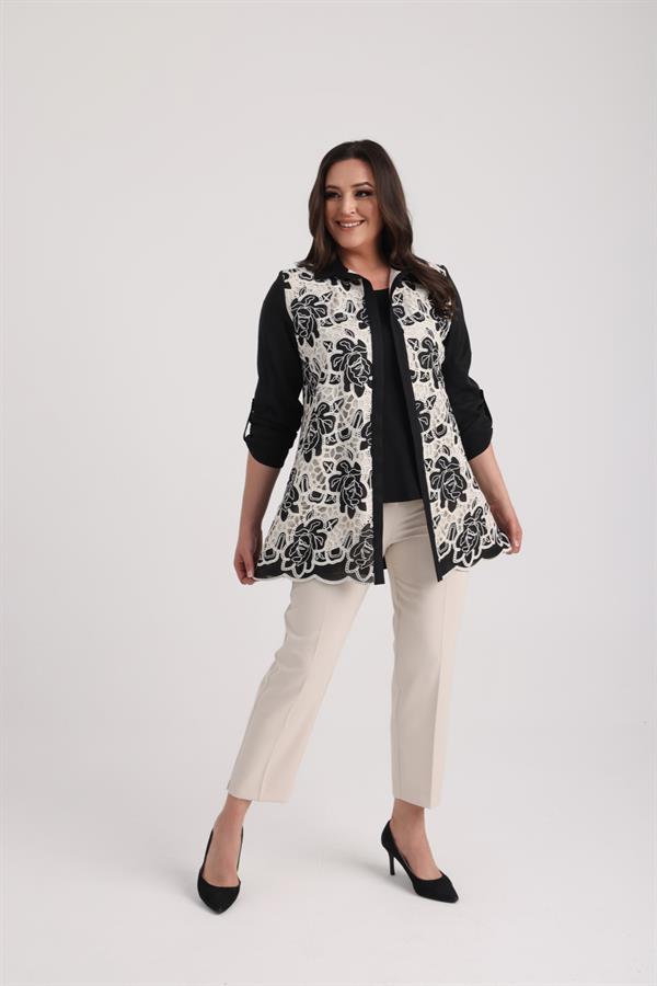Ensemble 2 pièces pour femme : chemisier sans manches en lycra et veste en dentelle à manches repliées, grandes tailles.