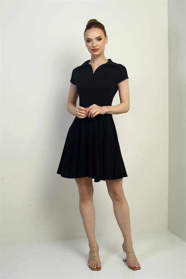 Kadın Polo Yaka Ay Kollu Likralı Kloş Kısa Elbise