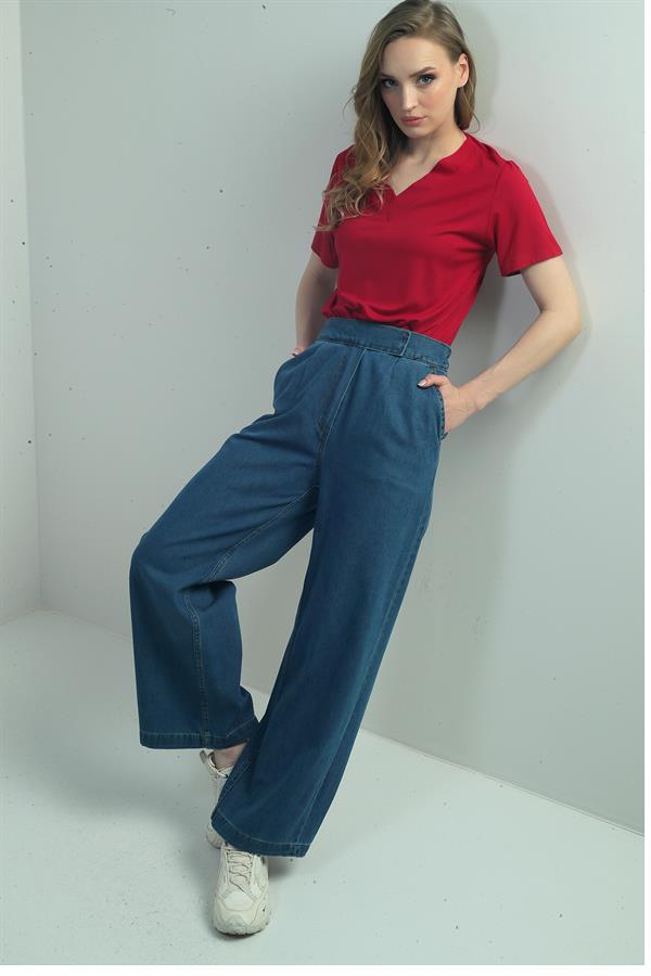 Jean à jambes larges pour femme avec taille élastique et poches latérales à scratch