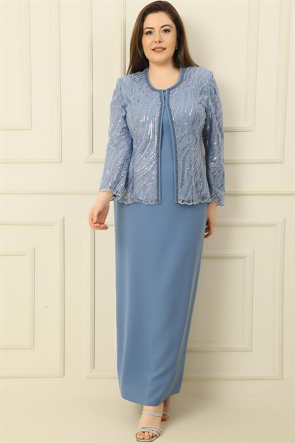 Robe longue à manches demi-lune avec veste en tulle brodée de perles et de sequins, doublée, ensemble deux pièces grande taille