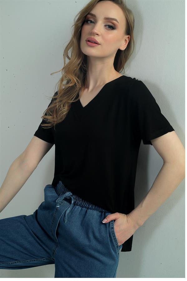Women's V-Neck Short-Sleeve Blouse with Slit