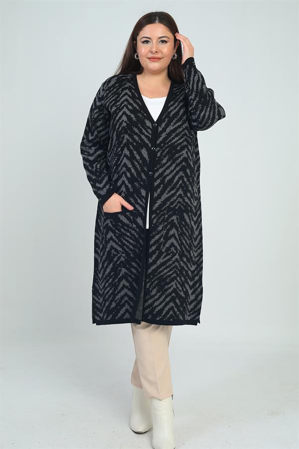 Kadın Zebra Desenli Cepli Büyük Beden Triko Uzun Hırka