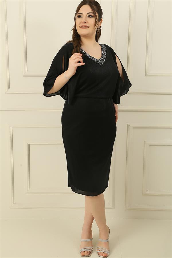 Front and Back Embellished V-Neck Lined Low-Cut Batwing Sleeve Glittery Plus Size Dress