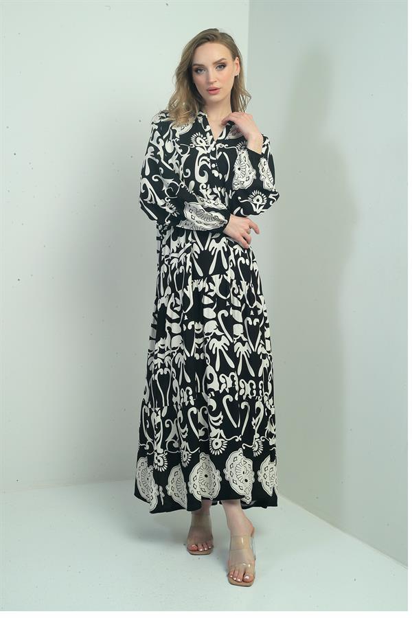 Robe longue hijab pour femme, col mandarin, boutons sur le devant, poignets élastiqués, motif châle