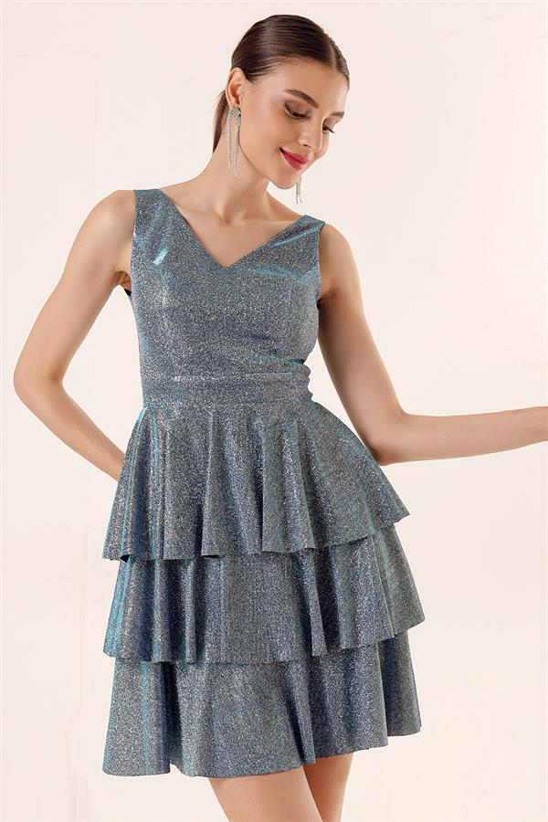 Ön Arka V Yaka Simli Katlı Elbise