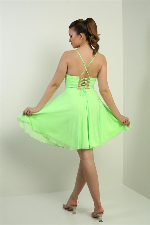 Women's Strappy, Back-Tie, Front-Opening, Lined Chiffon Short Flared Dress