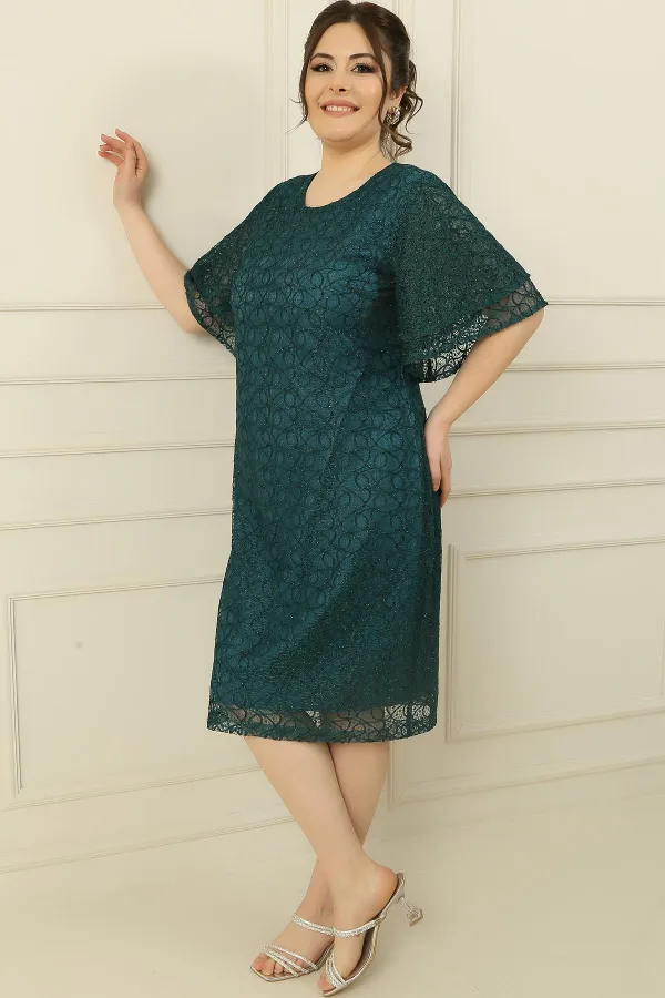 Short Sleeve Flounce Lined Plus Size Glittery Lace Dress