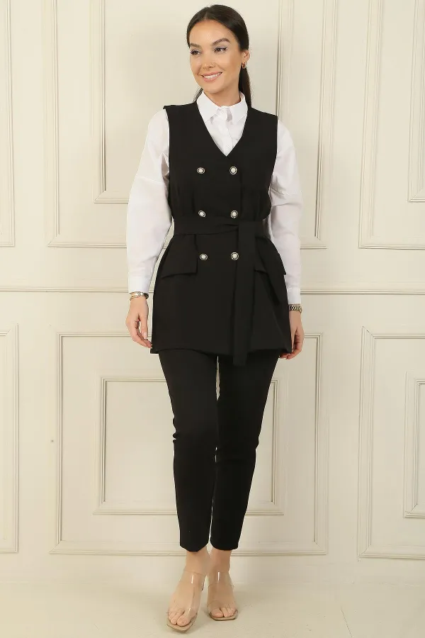 6-Button Vest with Faux Pockets and Belt, Elastic Waist Slim-Fit Trousers - 2-Piece Set