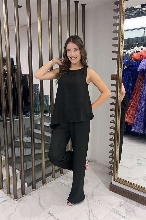 Kadın  Toka Detaylı Eteği Asimetrik Bluz Beli Lastikli Cepli Palazzo Pantolon Keten 2'li Takım