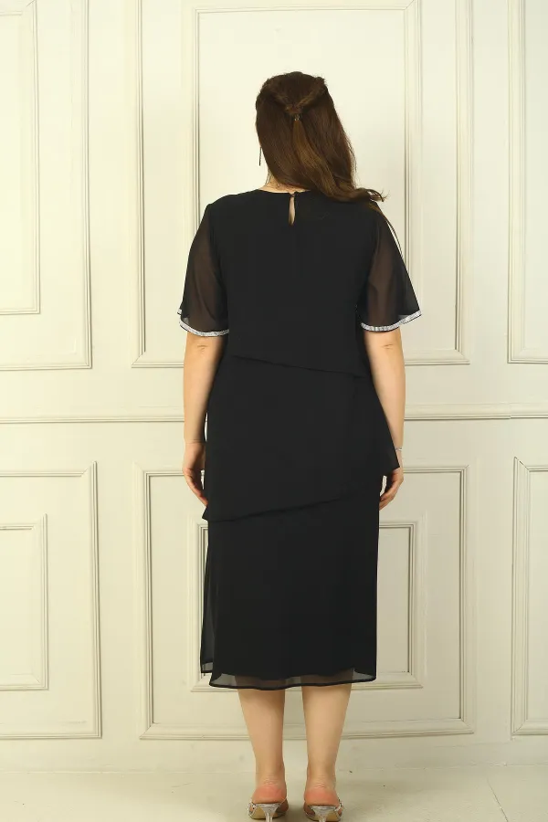 Robe grande taille en mousseline de soie à 3 couches, manches courtes, doublure et détails en pierre pour femme