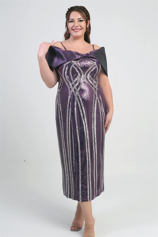 Women's Thin Strap Satin Bow Boat Neck Sequin Embellished Lined Plus Size Midi Dress