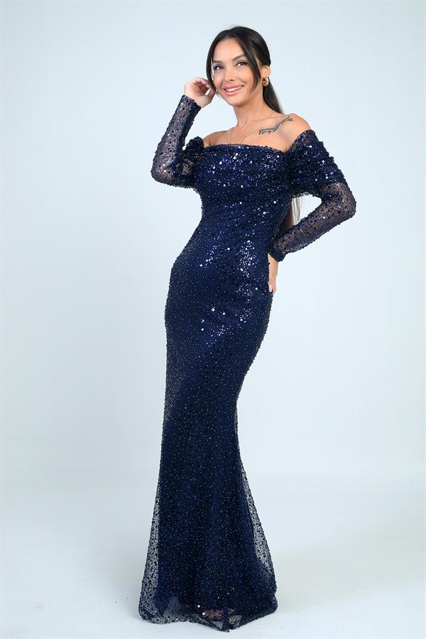 Robe de créateur doublée, à sequins, manches longues et buste drapé, doublée