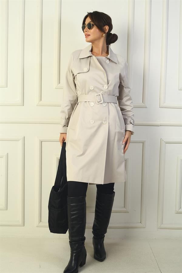 Women's Trench Coat with Belted Waist and Sleeves, Button-Front and Pockets
