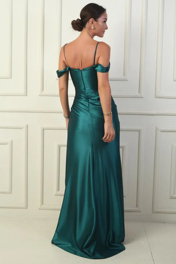 Kadın İp Askılı Düşük Kol Önü Drapeli Pencereli Astarlı Uzun Saten Elbise