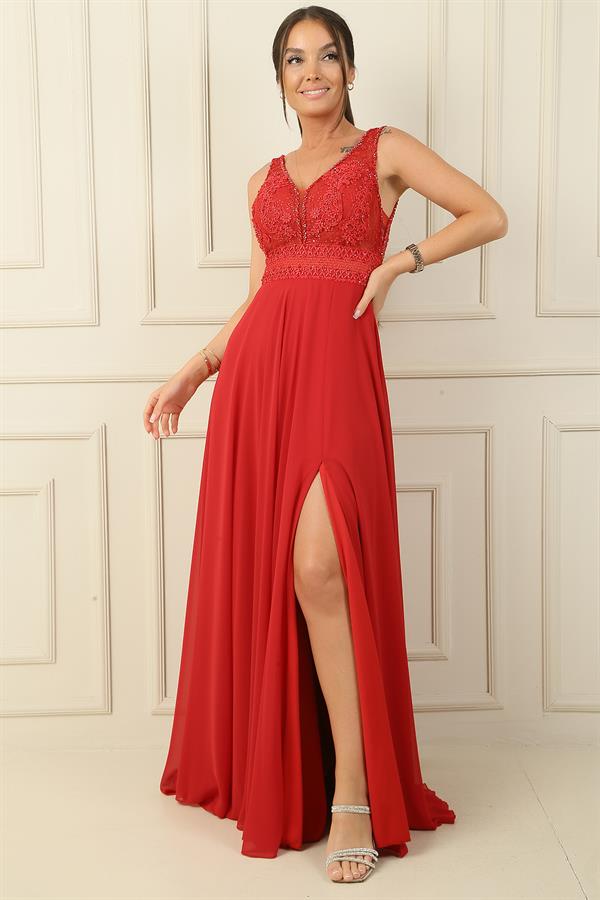 Ön Arka V Yaka Üst Boncuklu Çiçek Motifli Astarlı Uzun Şifon Abiye Elbise