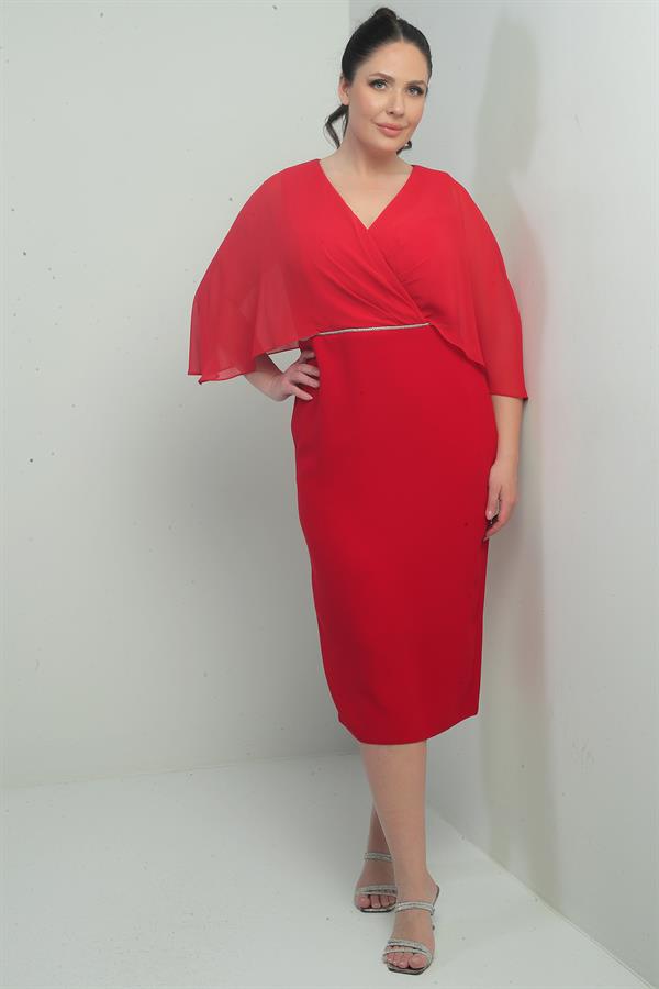 Women's V-Neck Chiffon Draped Lined Plus Size Crepe Midi Dress with Embellished Waist