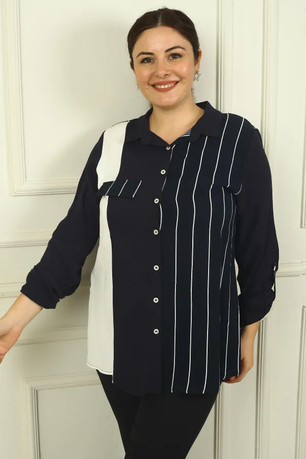 Kadın Tek Cepli Kol Katlamalı Çizgili B.B. Gömlek
