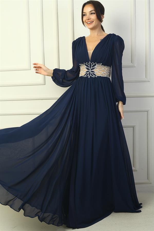 Kadın Ön Arka v Yaka Beli Nakış İşlemeli Astarlı Uzun Şifon Abiye Elbise