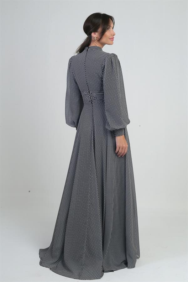 Kadın Önü Drapeli Benekli Uzun Şifon Elbise