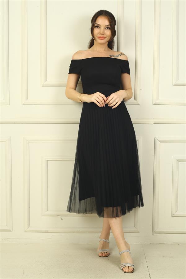 Madonna Yaka Astarlı Eteği Şifon Pilisoley Elbise