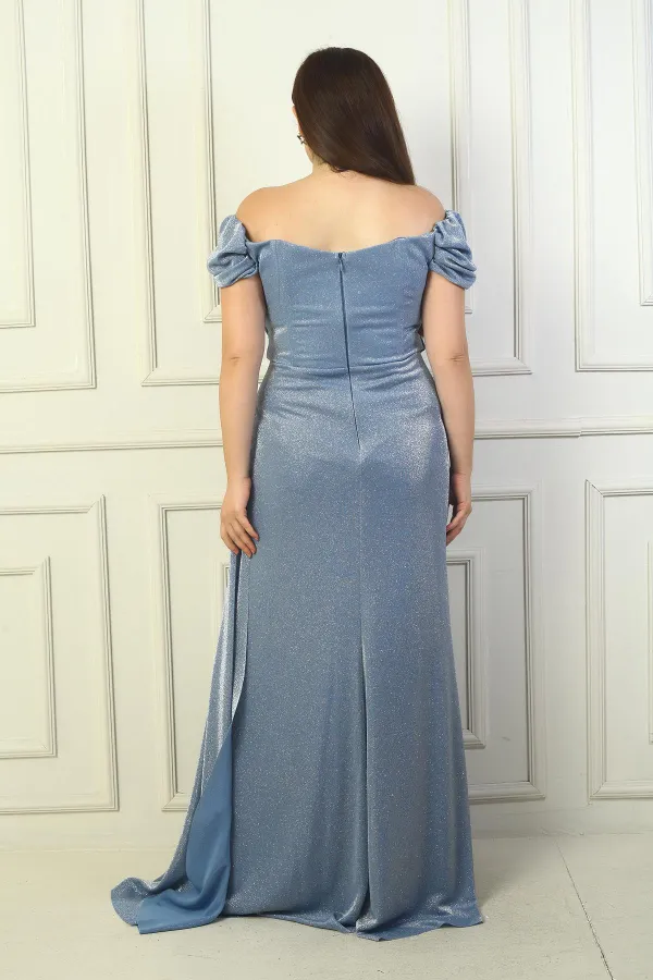 Kadın Düşük Kol Önü Drapeli Yanı Mendilli Astarlı Brayt Simli Uzun Büyük Beden Abiye Elbise