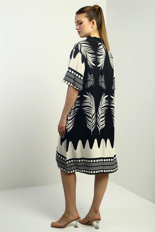 Women's Leaf Patterned Oversize Short Dress with Pockets