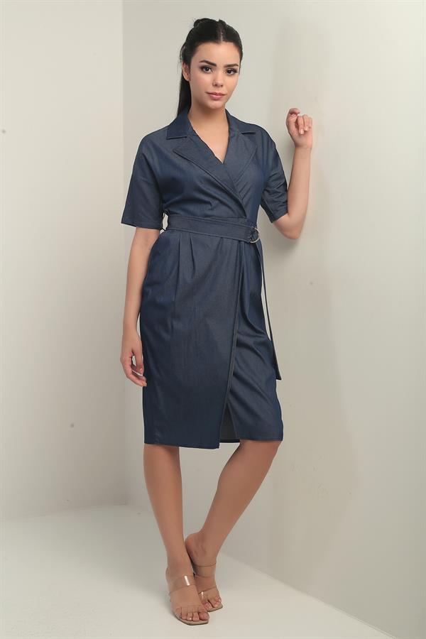 Women's Short Lycell Denim Dress with Jacket Collar, Belted Waist, and Pockets