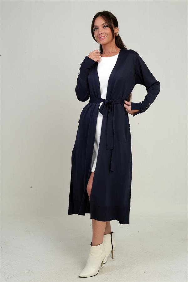 Gilet long pour femme avec manches boutonnées, poches et fentes latérales