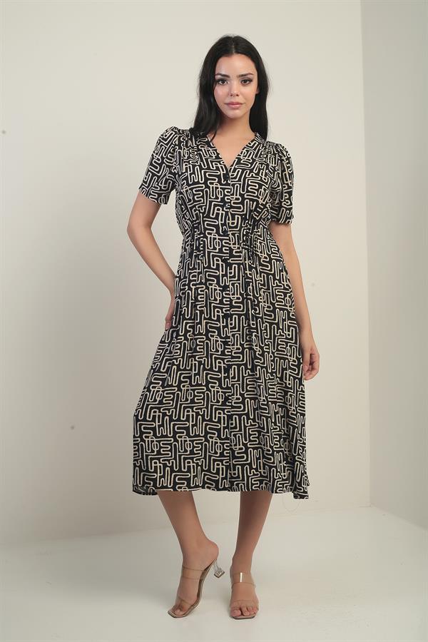 Women's V-Neck Waistband Button-Front Ethnic Pattern Midi Dress