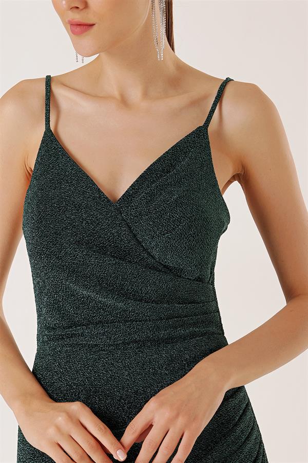 İp Askılı Eteği Pileli Astarlı Örme Kumaş Kısa Elbise