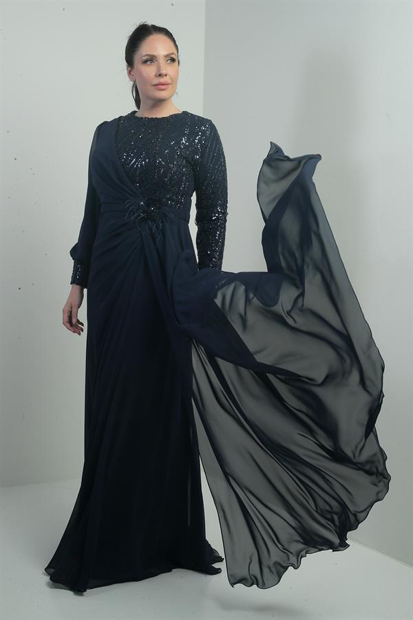 Women's Plus Size Long Chiffon Dress with Sequin and Bead Embellishment, Lined, and Floral Waistline
