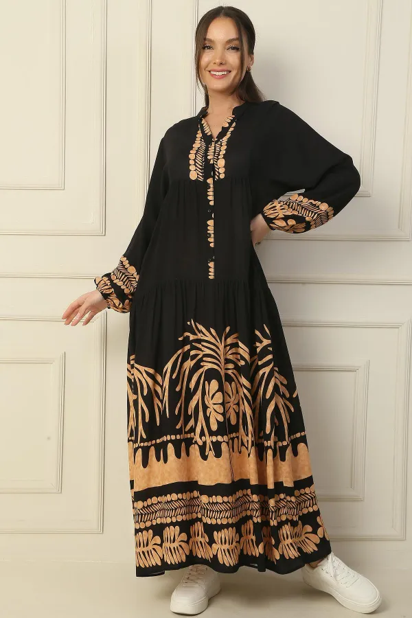 Long, half-buttoned, elasticated sleeve, printed modest dress.