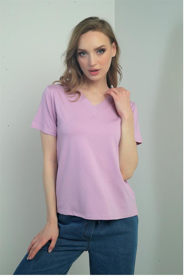 Women's V-Neck Short-Sleeve Blouse with Slit