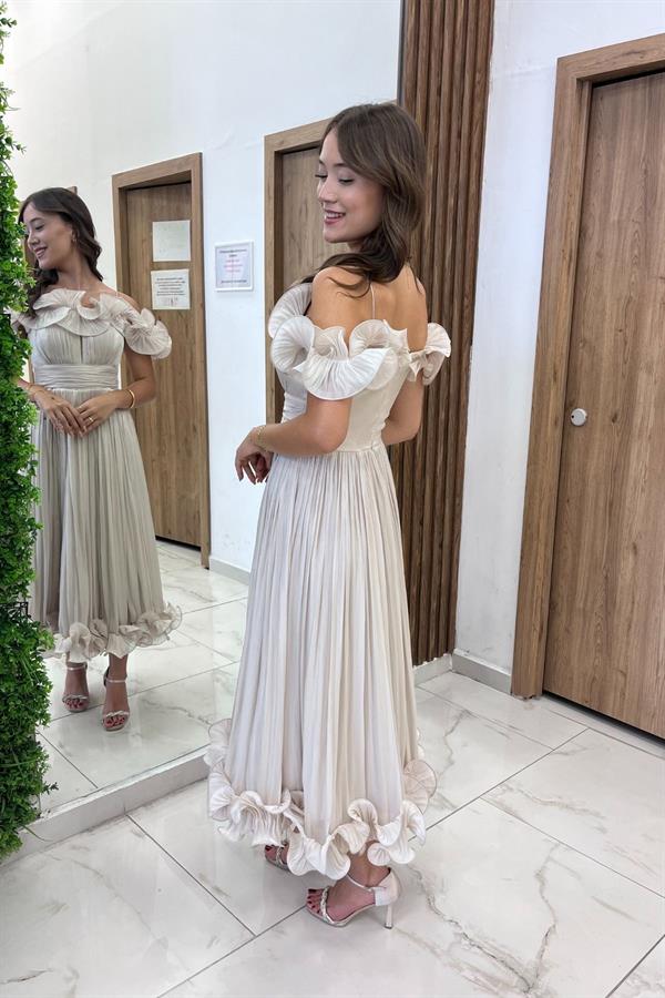 Kadın İnce Askılı Astarlı Volan Detaylı Pileli Şifon Midi Elbise