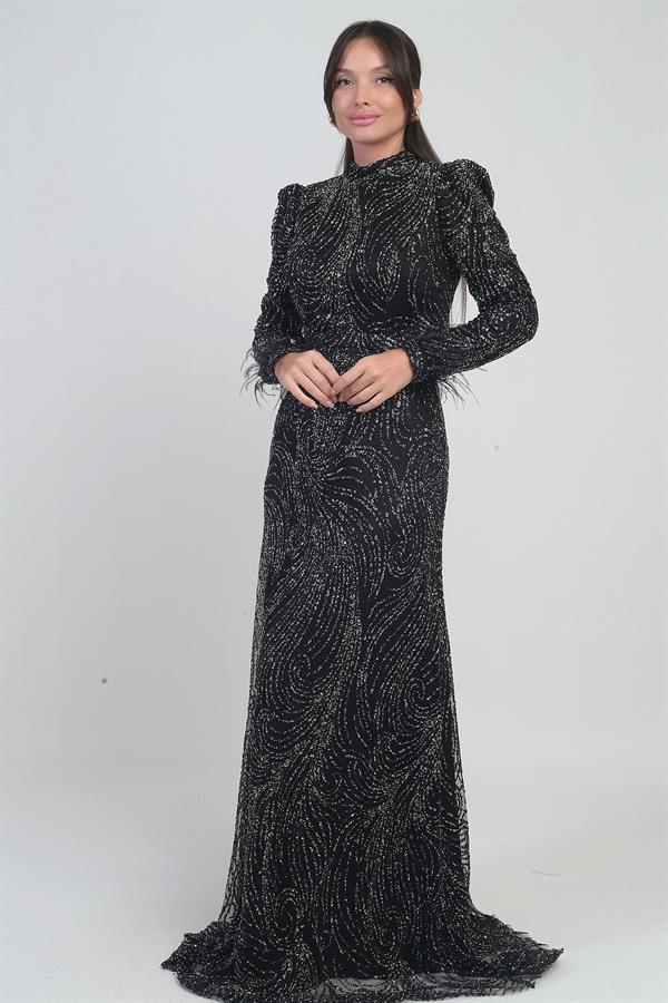 Robe longue en tulle pour femme avec doublure ornée de plumes, de perles et de sequins