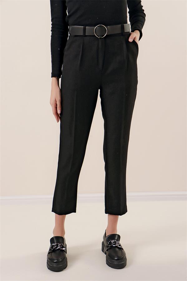 Beli Lastikli Kemerli Yün Efektli Pantolon