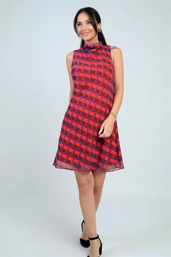 Robe courte en mousseline doublée à motifs et col en V pour femme