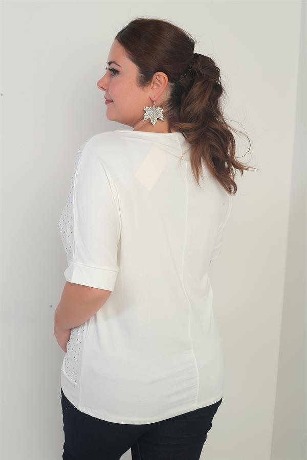 Kadın Yakası Zincirli Kısa Yarasa Kollu Taşlı Likralı Büyük Beden Bluz