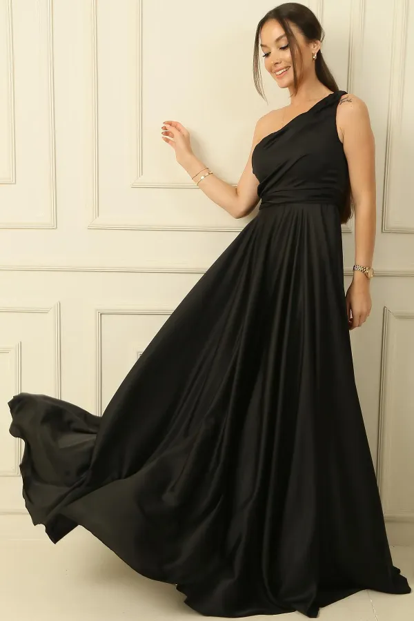 Tek Omuz Drapeli Astarlı Krep Elbise