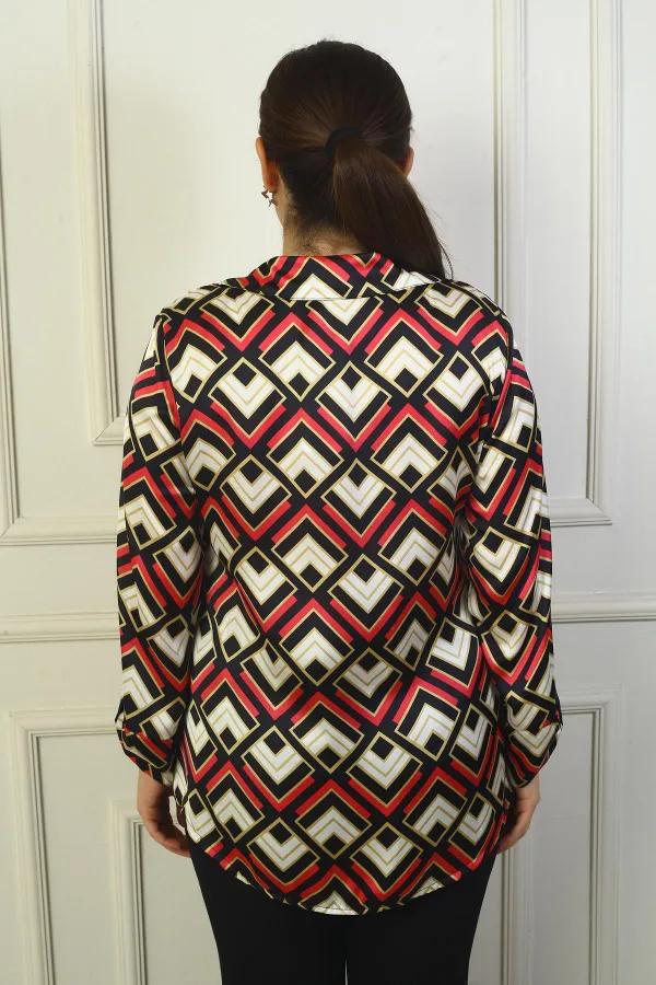 Women's Single Pocket Geometric Pattern Plus Size Satin Shirt